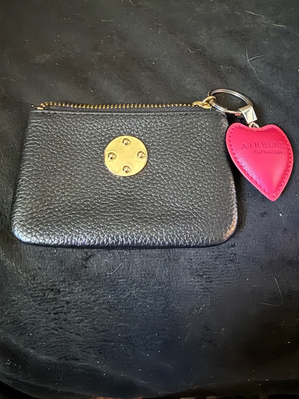 Black Pebbled Leather Card Pouch with Pink Heart Charm